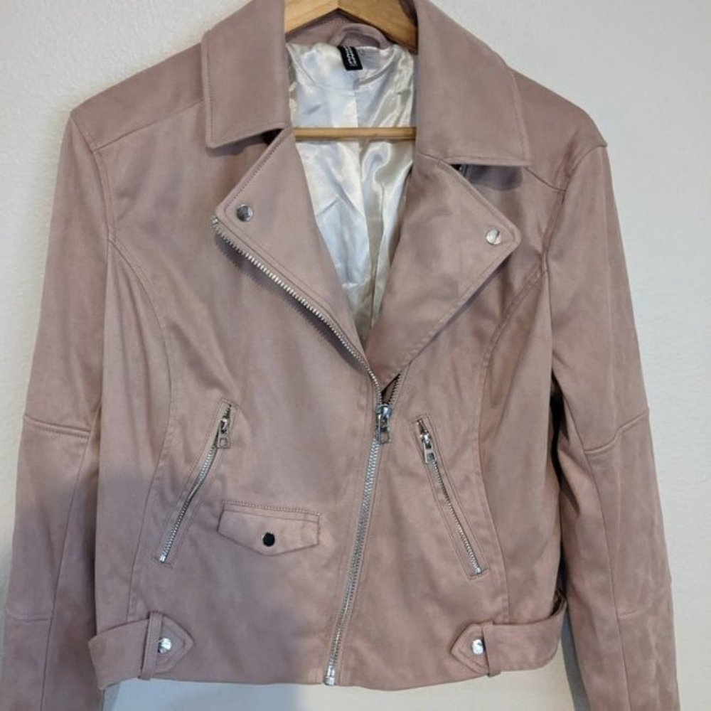 NWOT Faux Suede Moto Jacket in Mauve with satin lining- L